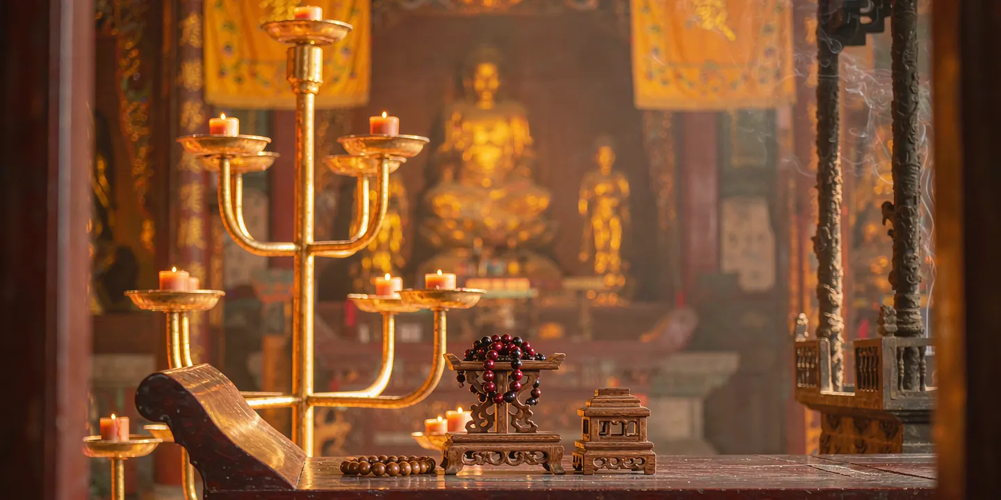 Chapelet de prière reposant sur un autel dans une salle de temple avec bougies et encens