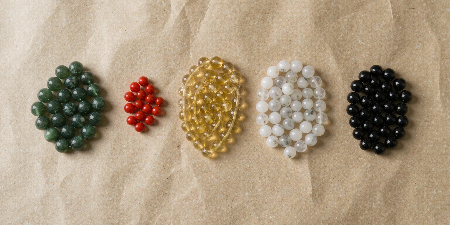 Cinq tas de perles de gemmes dans les couleurs des cinq éléments
